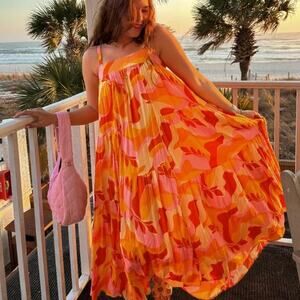 Abel The Label Orange Pink Boho Maxi Dress Trapeze Tiered Oversized XS NWT